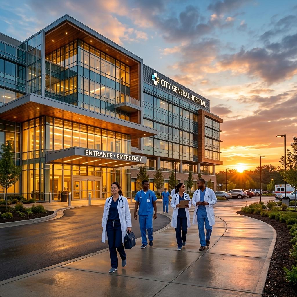 Modern Hospital Building with Black Medical Professionals